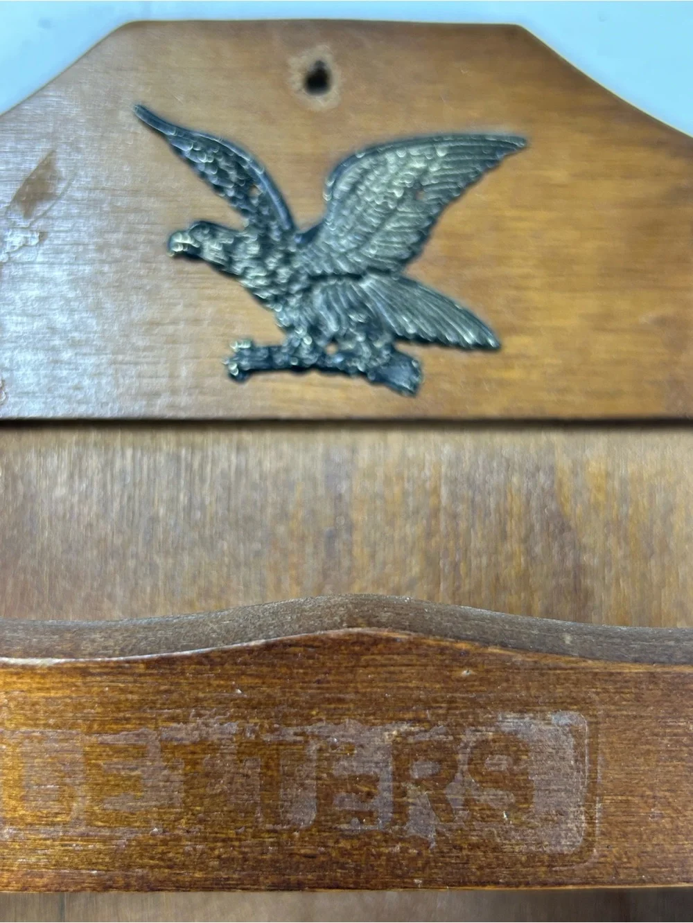 Vintage Mail Organizer Brown Wooden Wall Pocket Hooks Eagle Accent 5x18